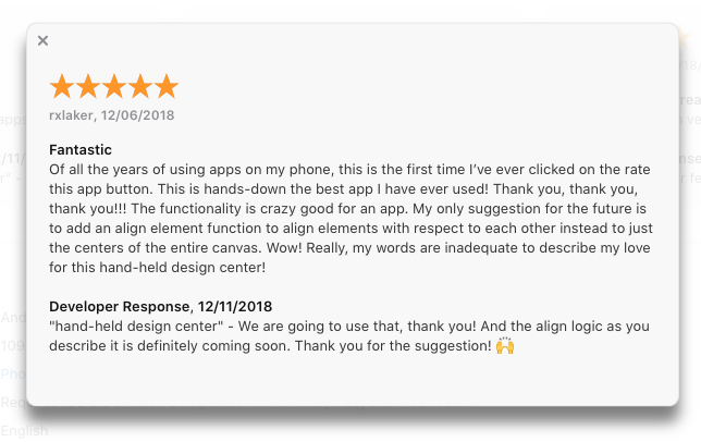 This screenshot from the App Store helps us appreciate our awesome customers. It's hanging in our office for this reason.
